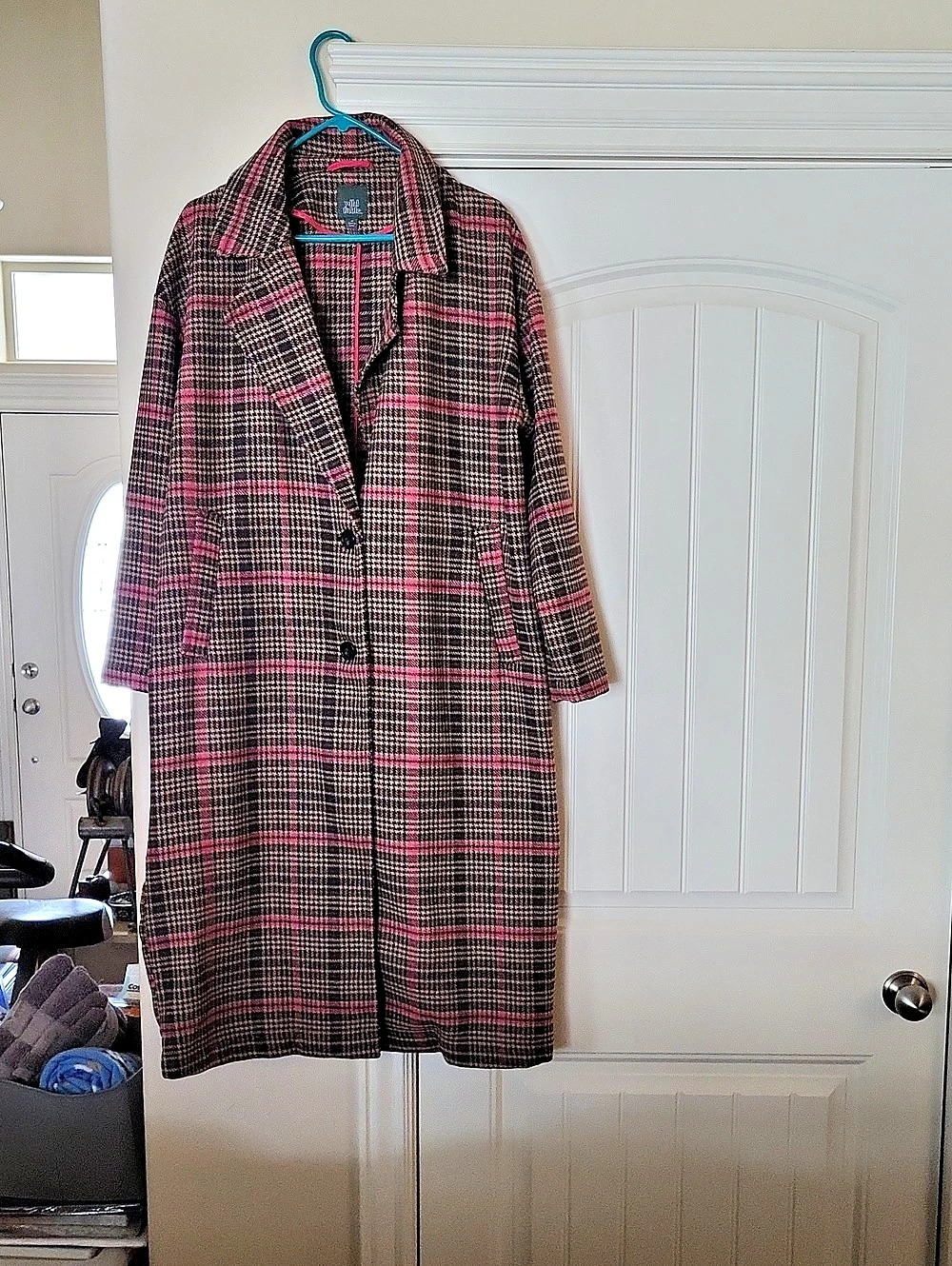 Wild Fable Plaid Long Coat in Brown and Pink Black & Pink